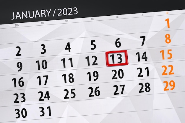 Calendar 2023 deadline day month page organizer date january friday number 13