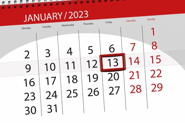 Calendar 2023 deadline day month page organizer date january friday number 13