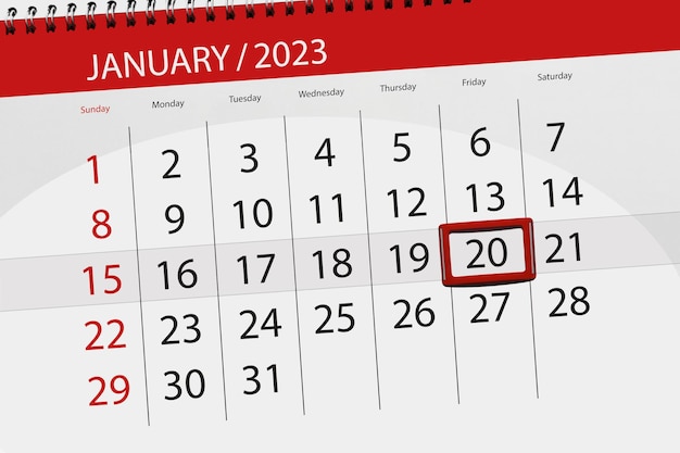 Calendar 2023 deadline day month page organizer date january friday number 20