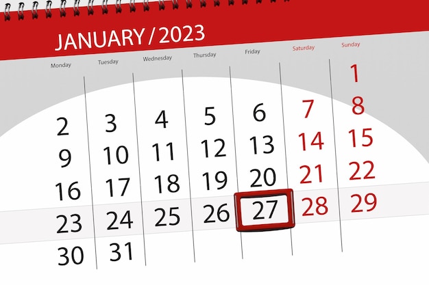 Calendar 2023 deadline day month page organizer date january friday number 27