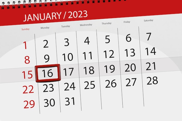 Calendar 2023 deadline day month page organizer date january monday number 16