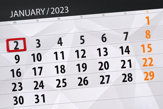 Calendar 2023 deadline day month page organizer date january monday number 2