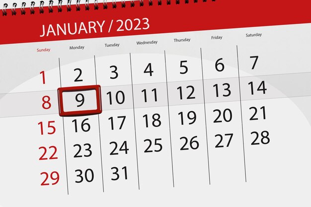 Calendar 2023 deadline day month page organizer date january monday number 9