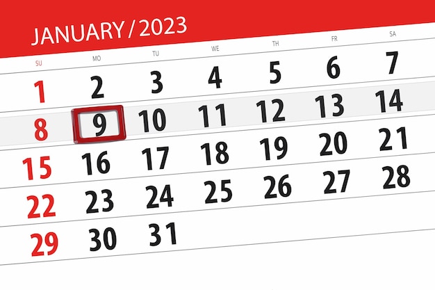 Calendar 2023 deadline day month page organizer date january monday number 9