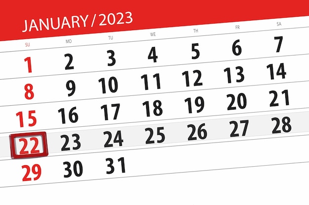 Calendar 2023 deadline day month page organizer date january sunday number 22