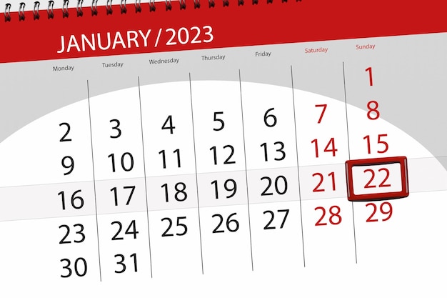 Calendar 2023 deadline day month page organizer date january sunday number 22