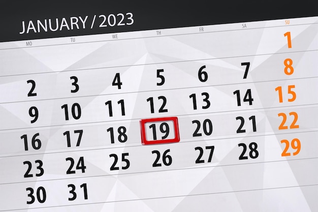 Calendar 2023 deadline day month page organizer date january thursday number 19