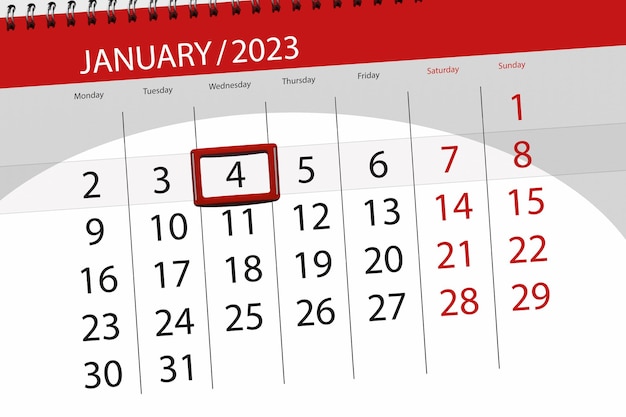 Calendar 2023 deadline day month page organizer date january wednesday number 4