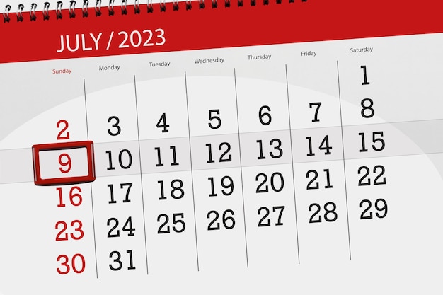 Calendar 2023 deadline day month page organizer date July sunday number 9