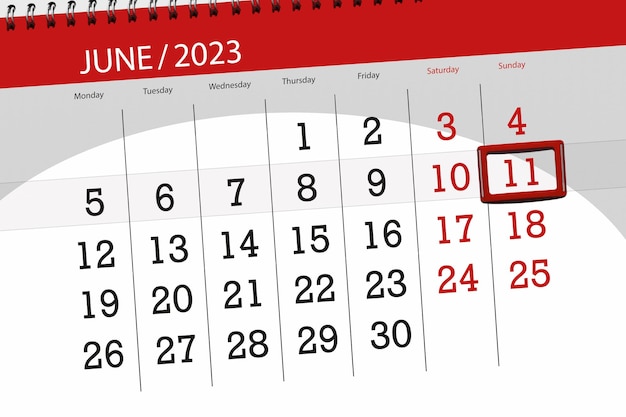 Calendar 2023 deadline day month page organizer date June sunday number 11