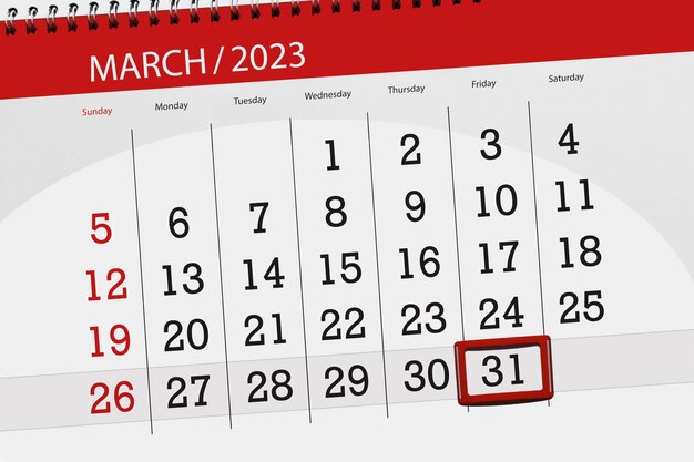 Calendar 2023 deadline day month page organizer date march friday number 31