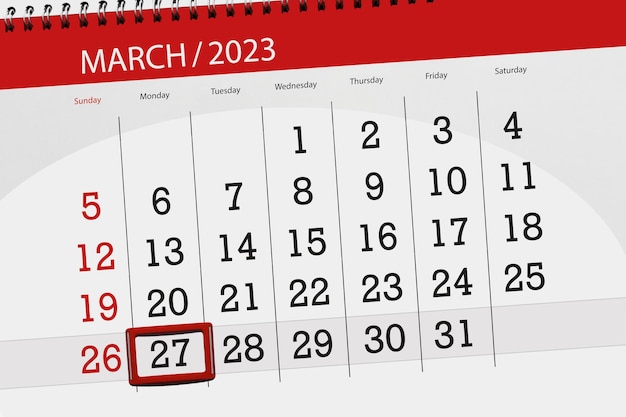 Calendar 2023 deadline day month page organizer date march monday number 27