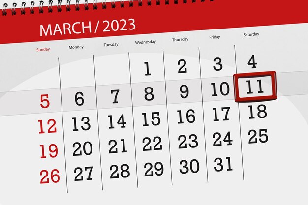 Calendar 2023 deadline day month page organizer date march saturday number 11