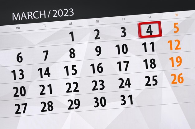 Calendar 2023 deadline day month page organizer date march saturday number 4