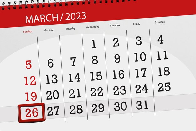 Calendar 2023 deadline day month page organizer date march sunday number 26