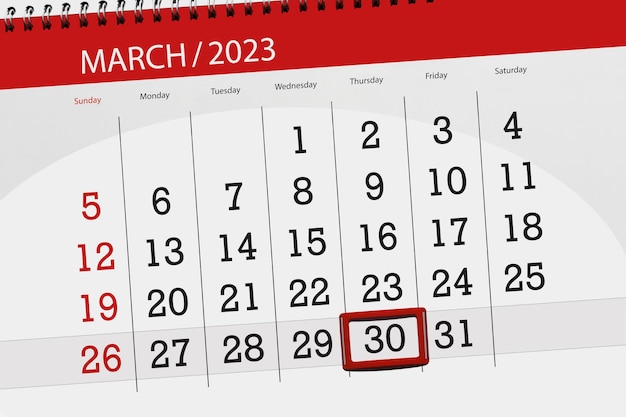 Calendar 2023 deadline day month page organizer date march thursday number 30