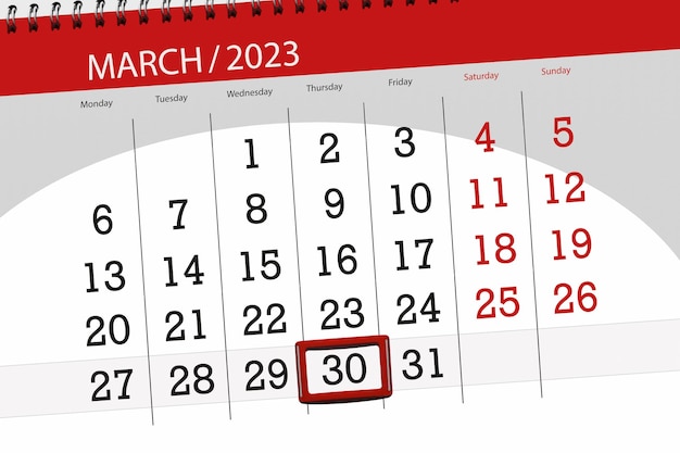 Calendar 2023 deadline day month page organizer date march thursday number 30