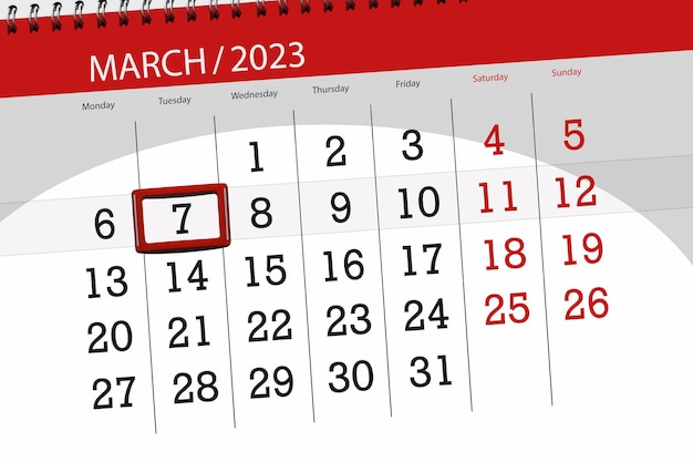 Calendar 2023 deadline day month page organizer date march tuesday number 7