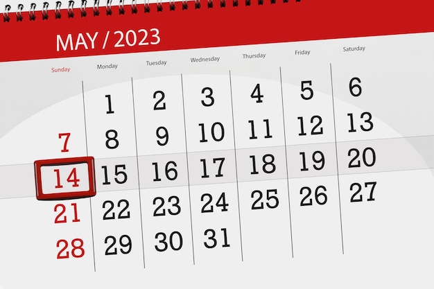 Calendar 2023 deadline day month page organizer date May sunday number 14