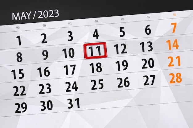 Calendar 2023 deadline day month page organizer date May thursday number 11