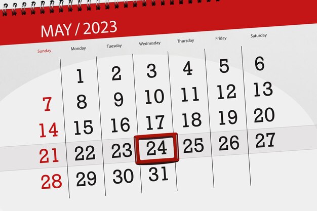 Calendar 2023 deadline day month page organizer date May wednesday number 24