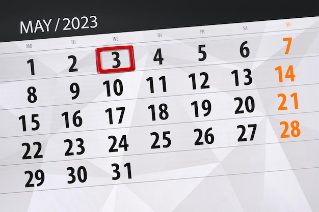 Calendar 2023 deadline day month page organizer date May wednesday number 3