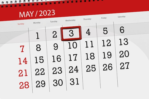 Calendar 2023 deadline day month page organizer date May wednesday number 3