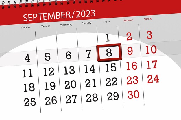 Calendar 2023 deadline day month page organizer date September friday number 8