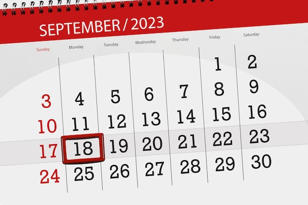 Calendar 2023 deadline day month page organizer date September monday number 18