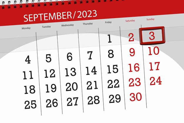 Calendar 2023 deadline day month page organizer date September sunday number 3