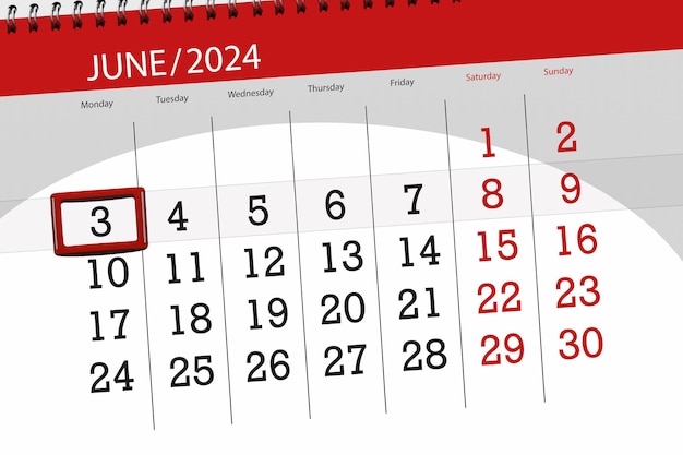 Calendar 2024 deadline day month page organizer date June monday number 3