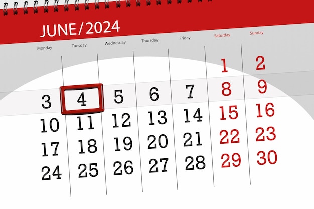 Calendar 2024 deadline day month page organizer date June tuesday number 4