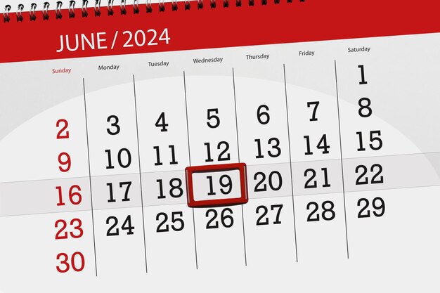 Photo calendar 2024 deadline day month page organizer date june wednesday number 19