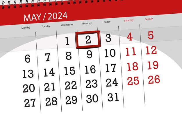 Calendar 2024 deadline day month page organizer date May thursday number 2