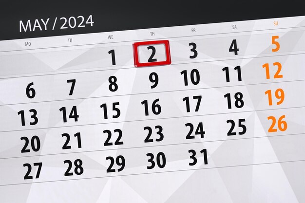 Calendar 2024 deadline day month page organizer date May thursday number 2