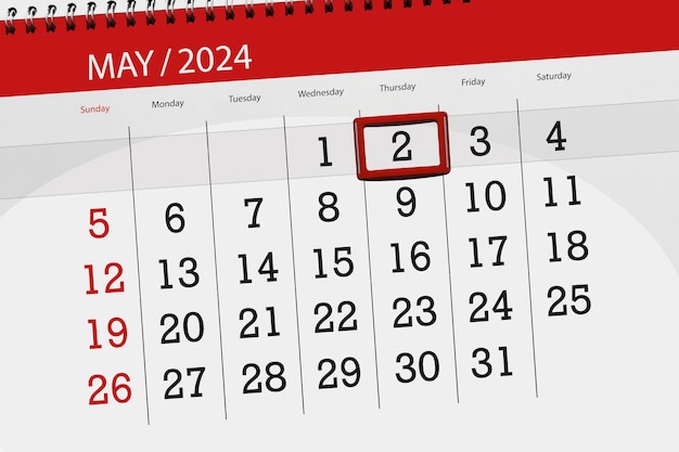 Calendar 2024 deadline day month page organizer date May thursday number 2