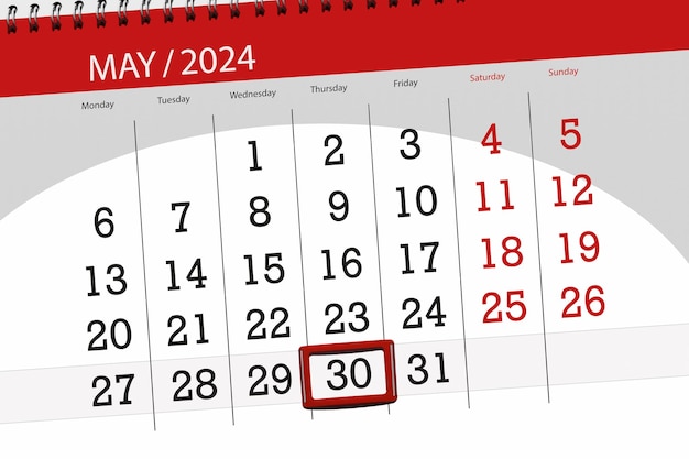 Calendar 2024 deadline day month page organizer date May thursday number 30