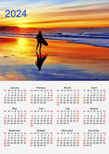 Calendar 2024 digital banner illustration people SUP surfing on vacation Active man and woman ride