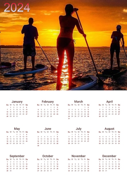 Calendar 2024 digital banner illustration people SUP surfing on vacation Active man and woman ride