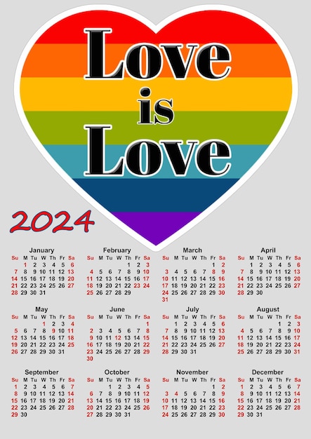 Calendar 2024 LGBT colors LGBT rainbow symbols Diversity People Emotions LGBT flag with aheart