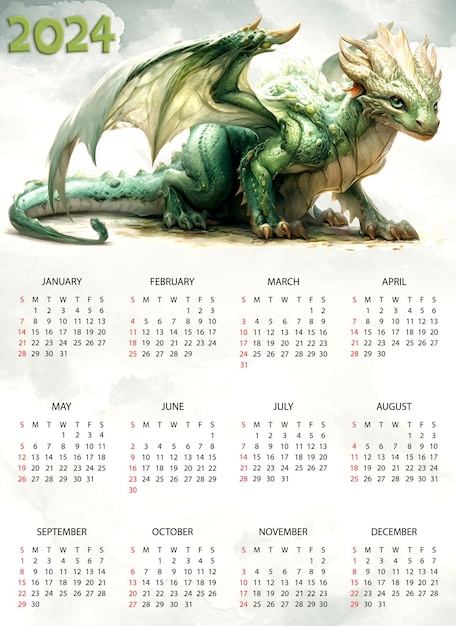 A calendar for 2024 with a green dragon