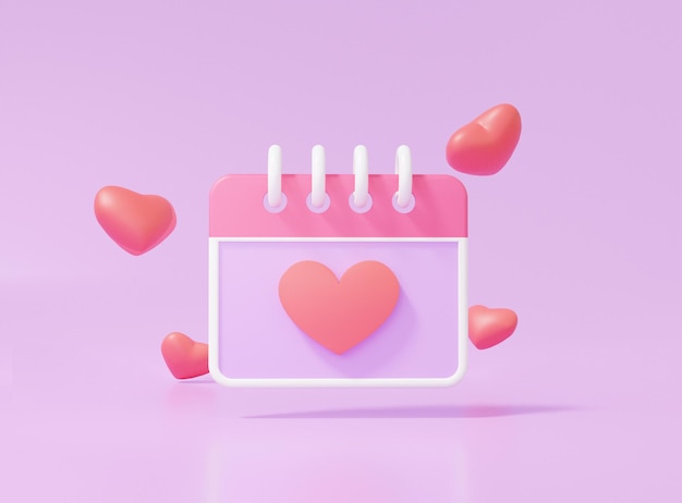 Calendar heart icon symbol marked big day appointment. minimal cartoon style design. Day month year, love, valentine day concept. on purple background, 3D render illustration