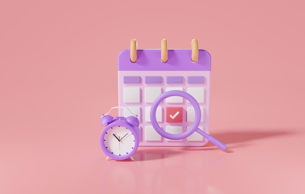 Photo calendar icon with alarm clock and magnifying glass concept about schedule appointment important date concept work planning project management 3d rendering illustration minimal style