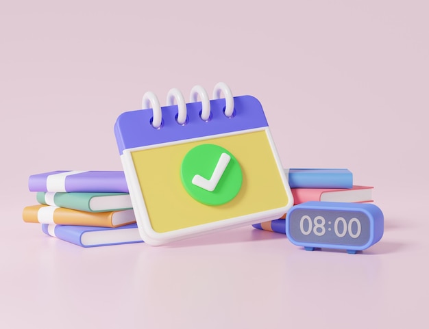 Calendar marked approved alarm eight clock on stack book Day month year education learning concept on pink background schedule 3d render illustration Minimal cartoon cute smooth