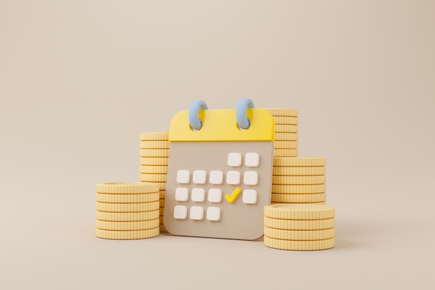 Calendar minimal simple design and gold coins stack on brown background Time is money concept Save money and investment 3d rendering illustration