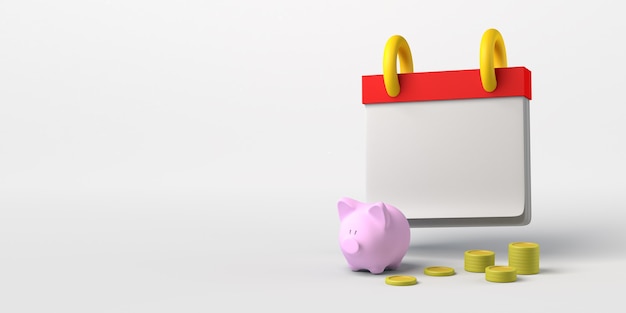 Calendar mockup with piggy bank with coins Copy space. 3D illustration.