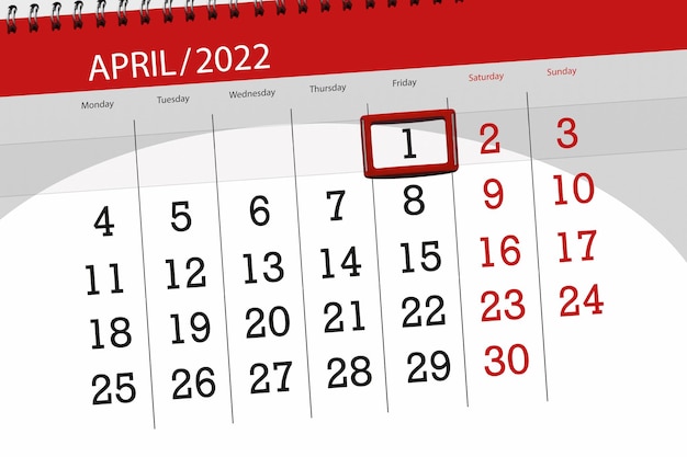 Calendar planner for the month april 2022 deadline day 1 friday