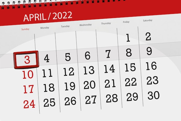 Calendar planner for the month april 2022 deadline day 3 sunday