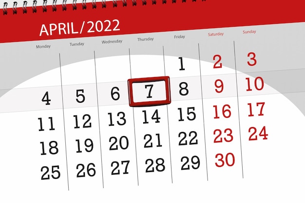 Calendar planner for the month april 2022 deadline day 7 thursday