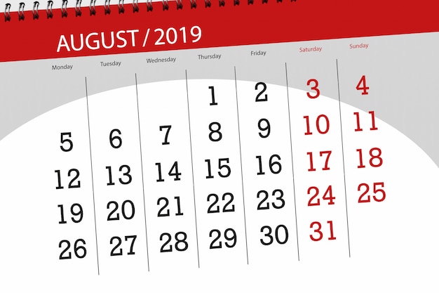 Calendar planner for the month, deadline day of the week 2019 august